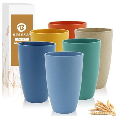 BUSOKIP Wheat Straw Cups 20 OZ Large Capacity Set of 6 Unbreakable Drinking Cups Reusable Alternative to Plastic Cups Reusable Dishwasher Safe Water Tumblers Multicolor