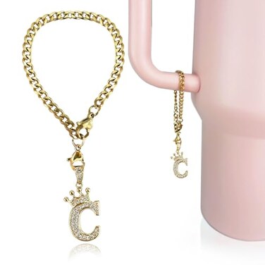 LUHOHI Cup Charms for Stanley Handle Crown Letter Charms Accessories for Stanley Handle 40 Oz Tumblers Gold Initial Keychain Water Bottle Cup with Diamond Glitter Jewelry Personalized Decorations C