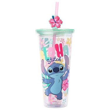 Silver Buffalo Disney Lilo and Stitch Aloha Stitch Tropical Island Flowers Plastic Cold Cup with Lid and Straw Topper 24 Ounces