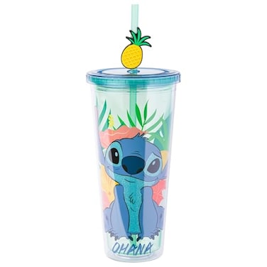 Silver Buffalo Disney Lilo and Stitch Tropical and Pineapple Glitter Plastic Cold Cup With Lid and Straw Topper 24 Ounces