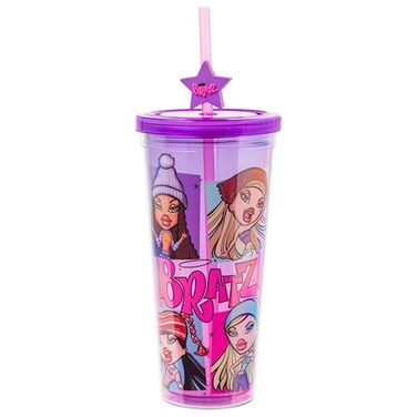 Silver Buffalo Bratz Dolls Featuring Cloe Yasmin Jade and Sasha Pink and Purple Plastic Cold Cup with Lid and Straw Topper 24 Ounces
