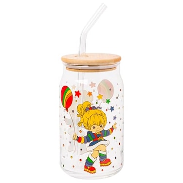 Silver Buffalo Rainbow Brite Balloon Glass Tumbler with Bamboo Lid and Glass Straw 16 Ounces