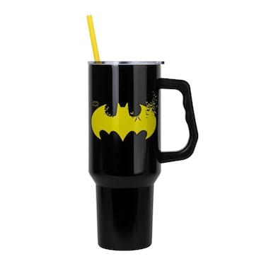 Silver Buffalo DC Comics Batman Logo Double Walled Stainless Steel Tumbler with Handle and Straw Fits in Standard Cup Holder 40 Ounces