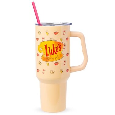 Silver Buffalo Gilmore Girls Lukes Diner Double Walled Stainless Steel Tumbler with Handle and Straw Fits in Standard Cup Holder 40 Ounces
