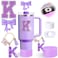 MOTEERLLU 6pcs Purple Stanley Cup Accessories SetBow Straw Cover for Stanley Cup 30oz 40oz Including Straw TopperSpill Proof StopperSparkly Silicone Boot SetHandle CharmInitials Sticker K