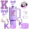 MOTEERLLU 6pcs Purple Stanley Cup Accessories SetBow Straw Cover for Stanley Cup 30oz 40oz Including Straw TopperSpill Proof StopperSparkly Silicone Boot SetHandle CharmInitials Sticker K