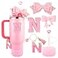 Lingdeer Pink Cup Accessories Set for Stanley 30OZ 40OZ Tumbler with Handle Letter Charms Bow Diamond Straw Covers Glitter Silicone Boot Personalized Sticker for Stanley Cup Accessories N