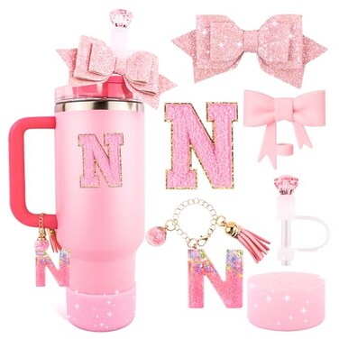 Lingdeer Pink Cup Accessories Set for Stanley 30OZ 40OZ Tumbler with Handle Letter Charms Bow Diamond Straw Covers Glitter Silicone Boot Personalized Sticker for Stanley Cup Accessories N