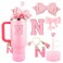 Lingdeer Pink Cup Accessories Set for Stanley 30OZ 40OZ Tumbler with Handle Letter Charms Bow Diamond Straw Covers Glitter Silicone Boot Personalized Sticker for Stanley Cup Accessories N