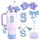 Lingdeer Blue Cup Accessories Set for Stanley 30OZ 40OZ Tumbler with Handle Letter Charms Bow Diamond Straw Covers Glitter Silicone Boot Personalized Sticker for Stanley Cup Accessories S