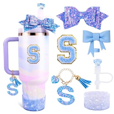 Lingdeer Blue Cup Accessories Set for Stanley 30OZ 40OZ Tumbler with Handle Letter Charms Bow Diamond Straw Covers Glitter Silicone Boot Personalized Sticker for Stanley Cup Accessories S