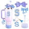 Lingdeer Blue Cup Accessories Set for Stanley 30OZ 40OZ Tumbler with Handle Letter Charms Bow Diamond Straw Covers Glitter Silicone Boot Personalized Sticker for Stanley Cup Accessories S
