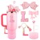 Lingdeer Pink Cup Accessories Set for Stanley 30OZ 40OZ Tumbler with Handle Letter Charms Bow Diamond Straw Covers Glitter Silicone Boot Personalized Sticker for Stanley Cup Accessories L
