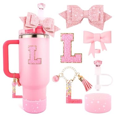 Lingdeer Pink Cup Accessories Set for Stanley 30OZ 40OZ Tumbler with Handle Letter Charms Bow Diamond Straw Covers Glitter Silicone Boot Personalized Sticker for Stanley Cup Accessories L