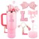 Lingdeer Pink Cup Accessories Set for Stanley 30OZ 40OZ Tumbler with Handle Letter Charms Bow Diamond Straw Covers Glitter Silicone Boot Personalized Sticker for Stanley Cup Accessories L