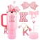 Lingdeer Pink Cup Accessories Set for Stanley 30OZ 40OZ Tumbler with Handle Letter Charms Bow Diamond Straw Covers Glitter Silicone Boot Personalized Sticker for Stanley Cup Accessories K