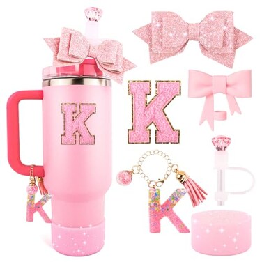 Lingdeer Pink Cup Accessories Set for Stanley 30OZ 40OZ Tumbler with Handle Letter Charms Bow Diamond Straw Covers Glitter Silicone Boot Personalized Sticker for Stanley Cup Accessories K