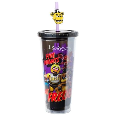 Silver Buffalo Five Nights at Freddys Plastic Cold Cup with Lid and Straw Topper Featuring Freddy Fazbear Foxy Chica and Bonnie 24 Ounces