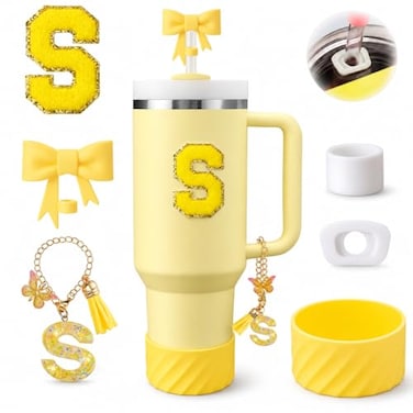 MOTEERLLU 6PCS Yellow Stanley Cup Accessories Fit for Stanley 30oz40ozIncluding 10mm BowShape Straw TopperPersonalized Initials StickerSpillProof StopperSparkly Silicone BootHandle Charm Letter S