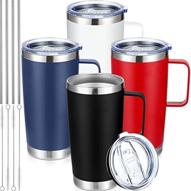 Sieral 4 Pcs 20 oz Insulated Travel Tumbler with Lid Straw and Handle Tumbler Mug Double Layer Vacuum Stainless Steel Sublimation Thermal CupsBlack Blue White Red