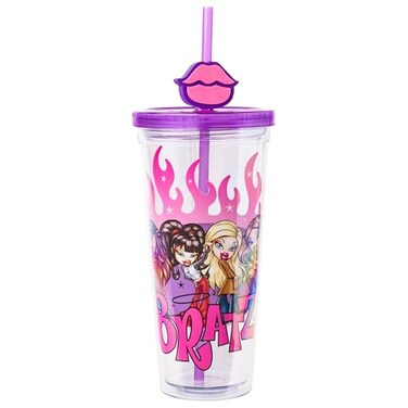Silver Buffalo Bratz Dolls Featuring Cloe Yasmin Jade and Sasha Flames and Full Lips Plastic Cold Cup with Lid and Straw Topper 24 Ounces