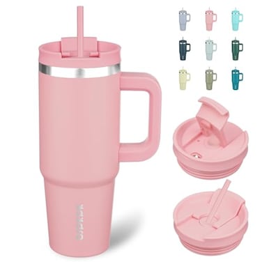 BJPKPK 30oz Stainless Steel Insulated Tumbler With Handle And Lid Straw Travel Coffee Mug Thermal CupLight Pink
