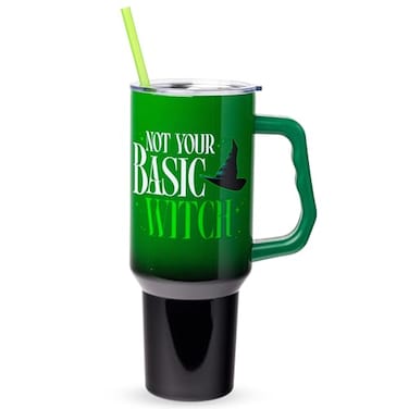 Silver Buffalo Wicked Elphaba Not Your Basic Witch Ombre Double Walled Stainless Steel Tumbler with Handle and Straw Fits in Standard Cup Holder 40 Ounces
