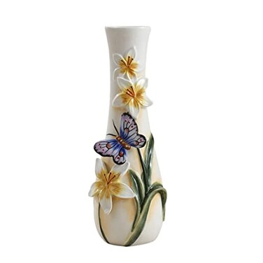 FORLONG Ceramic Vase HandPainted Butterflies and Lilies Flowers Home Decor Bouquet Holder 10 Tall