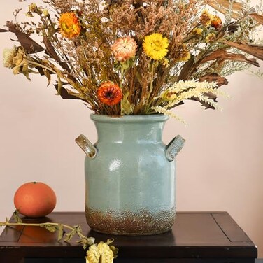 Quoowiit Ceramic Rustic Farmhouse Vase Distressed Decorative Flower Vases for Home Decor Ideal Shelf Decor Green Boho Vase for Living Room Bedroom Kitchen Office Centerpiece Table Decorations
