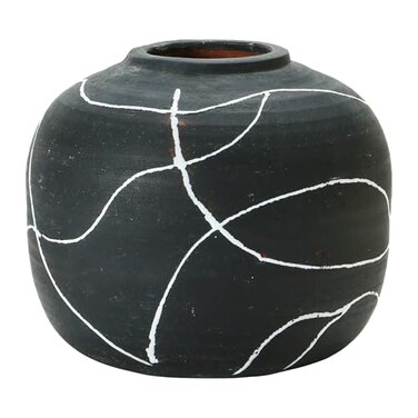 Creative Co-Op Creative CoOp Round Decorative Stoneware Vase with HandPainted Intersecting Lines Black and White