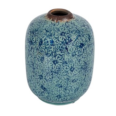 Creative Co-Op Creative CoOp Decorative Round TerraCotta Vase with Floral Pattern with Distressed Finish Blue