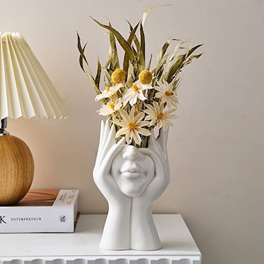 FJS Ceramic Face Vases White Flower Vases for Decor 35 W x 7 H Modern Decorative Vase Centerpiece for Table Shelf Living Room Office Bedroom