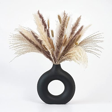 CEMABT Black Donut Vase Hollow Ceramic Vase for Flowers Handmade Minimalist Boho ins Style Modern Home Decor for Wedding Dinner Table Party Living Room Office BedroomM