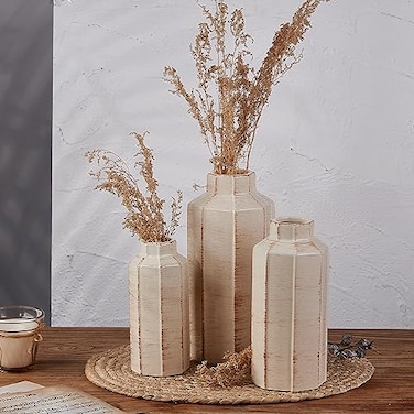 LUKA Ceramic Rustic Farmhouse Vase Set of 3Ice Cracked Glazed Terracotta VaseLarge Vases for DecorFall Decoratiion Vases for Home Table Living Room Shelf