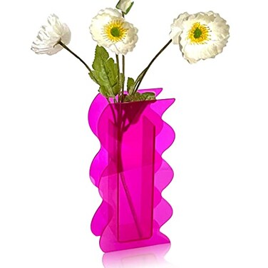 BLOFLO STU Hot Pink Acrylic Vase 8Inch Wave Shaped Modern Centerpiece Home Office Decor