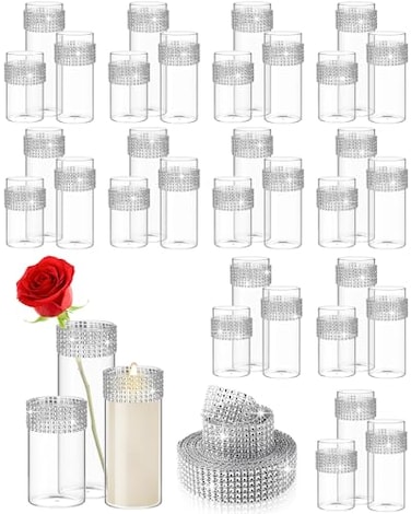 Zubebe 36 Pcs Glass Cylinder Vase Clear Multiple Size Glass Flower Vase Centerpieces with 6 Row 5 Yard Diamond Ribbon Rhinestone Ribbon for Home Wedding Party Table Centerpiece Decor