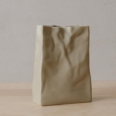 WENSHUO Crinkle Paper Bag Shape Ceramic Vase Large Capacity for Flower Arrangement Bookshelf Decorative Coconut Caf