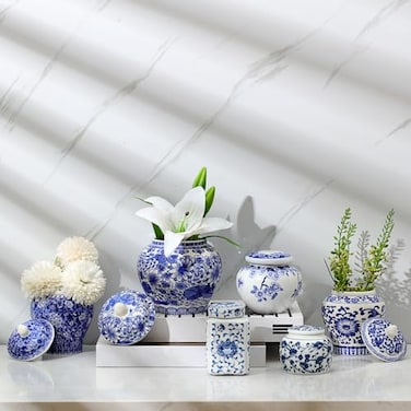 Hushee Small Blue and White Vases Chinoiserie Vase Ginger Jar Porcelain Ginger Jar Chinoiserie Decor Blue and White Decor for Home Bedroom Table Centerpieces Tabletop Accent Shelf6 PcsNovelty