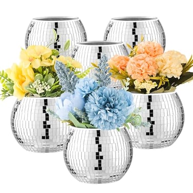 RGBDOT 6 Pcs Disco Ball Vase Disco Ball Planter for Centerpieces Disco Ball Decor Flower Vase with Silver Mirror Glass for Wedding Birthday Party 3 X 4