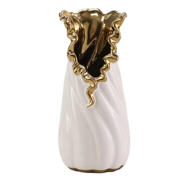 YUSHUIHOME Modern White and Gold Vase Home Decor Hydroponic Flower Table Ceramic Vase Decorative High Cylinder Vase with Flare Edge Home Decor Living Room Bedroom Wedding Party Office Medium