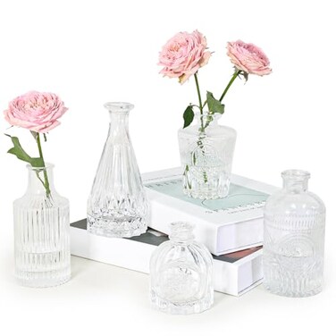 SUPMIND Glass Bud Vase Set of 5 Clear Small Flower Vases for Centerpieces in Bulk Mini Vintage Vase for Rustic Wedding HomeTable