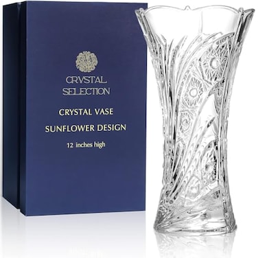 CRYSTAL SELECTION CS Crystal Vase 12inch high Sunflower Design for Flowers Decor Lovely Nice Shiny Piece Perfect as a Gift Suitable for All Occasions