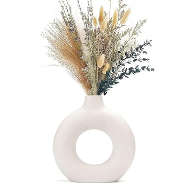 CEMABT White Donut Vase Hollow Ceramic Vase for Flowers Handmade Minimalist Boho ins Style Modern Home Decor for Wedding Dinner Table Party Living Room Office BedroomS