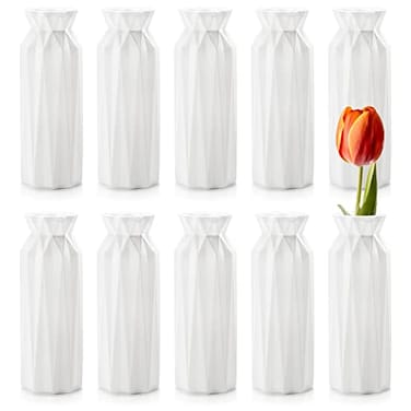 ZOOFOX 10 Pack Composite Plastic Flower Vase 8 Plastic Vases for Centerpieces White Unbreakable Vases for Wedding Dinner Table Party Living Room Office Bedroom Decor Origami Design