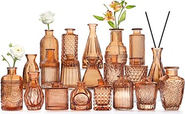 QLOFEI Amber Glass Bud Vases Set of 20 for Flowers Small Amber Bud Vases in Bulk for Centerpieces Decor Mini Glass Set for Home Table Decorations