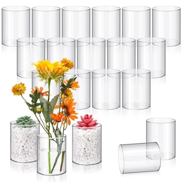 Vesici Clear Plastic Cylinder Vase Bulk Clear Flower Container Wide Round Centerpiece Candle Holder for Home Office Wedding Decorations Shatter Resistant20 Pcs4 Inch