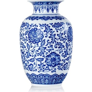 QINLANG Qinlang 9 in Small Ceramic Vases for Flowers Blue and White Flower Vase for Centerpieces Lotus Pattern
