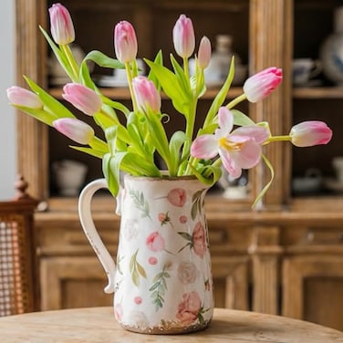 Teweiqi Retro Rustic Large Ceramic Vase with Handle Distressed Farmhouse Pitcher for Home Ideal Shelf Decor Floral Vase for Living Room Bedroom Office Table Centerpiece Decorations 9 Inch