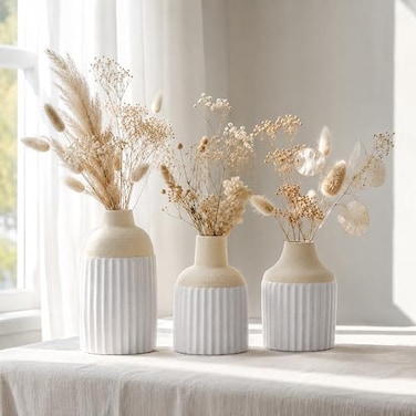 VUZDVJO Beige Decorative Vase Set of 3 Modern Boho Style Ribbed Ceramic Bud Vases for Flowers Mini Small Vases for Shelf Shelves Bookshelf Entryway Table Home Decor Aesthetic Beige White