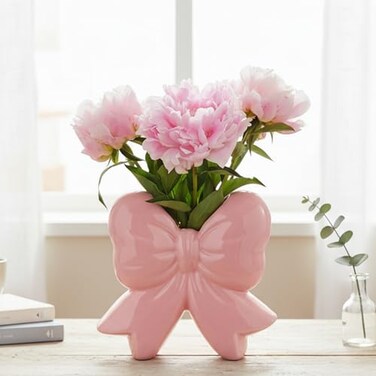 Jingmore Pink Bow Vase Coquette Ceramic Vase Pen Holder Makeup Brush Holder Contemporary Design Women Decorative Gift for Wedding Home Office Shelf Table RoomSmall Classic
